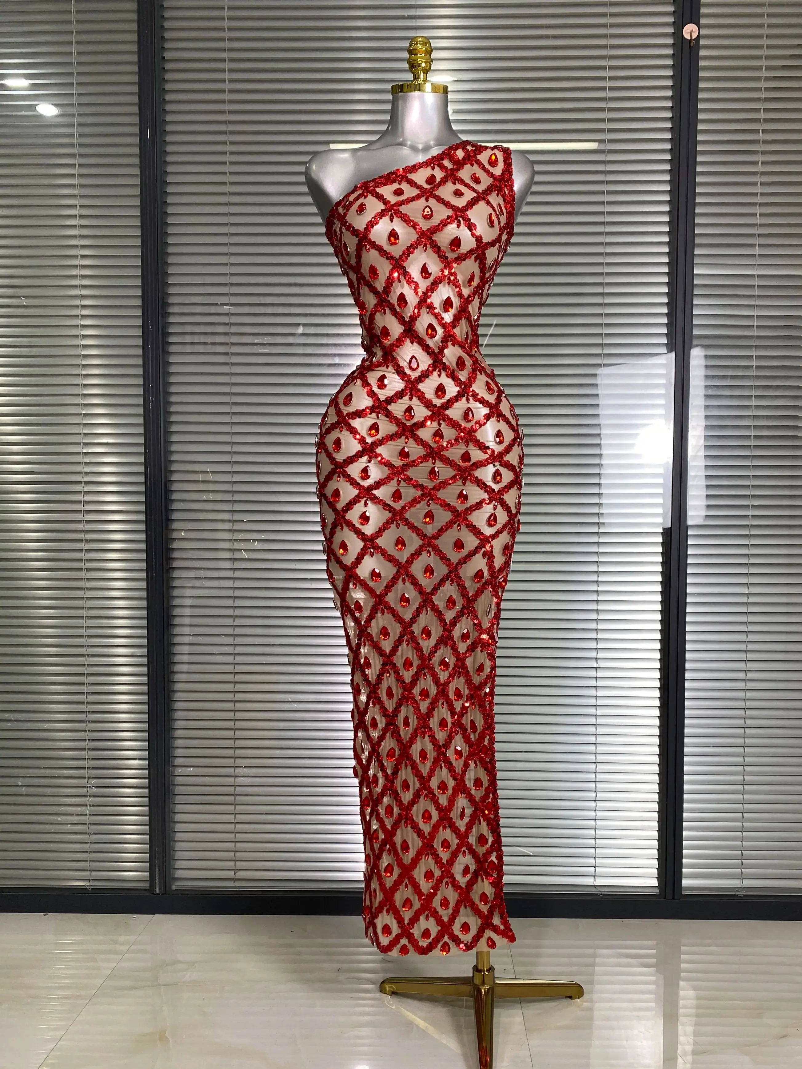 New Women Sexy One Shoulder See Through Crystal Diamonds Long Dress Birthday Party Costume Bar Singer Stage Performance Dress