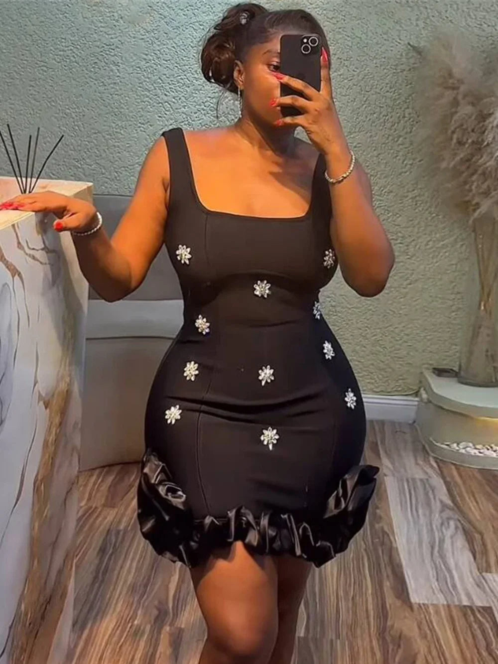 Spliced Diamonds Flower Bandage Mini Dress For Women Solid Color Sleeveless Bodycon Party Dresses Female 2025