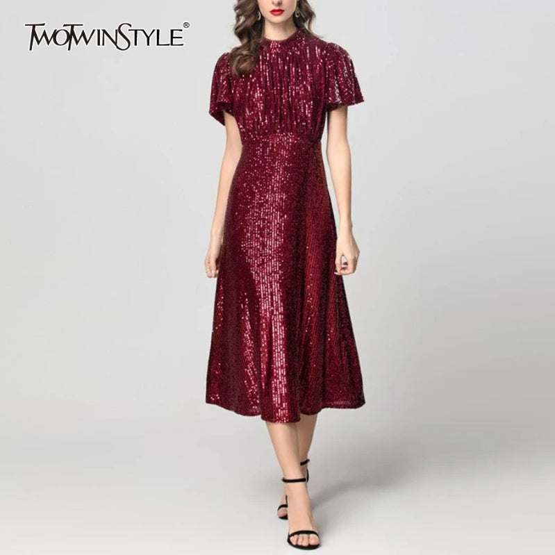 TWOTWINSTYLE Solid Spliced Sequins Fashion Dresses for Women Round Neck Short Sleeves Patchwork Folds Elegant Dress Female New