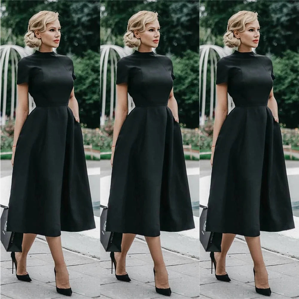 Women Elegant Black Dress Half High Collar High Waist A-Line Dresses Slim Fit Dress Office Lady Female Solid Vestidos