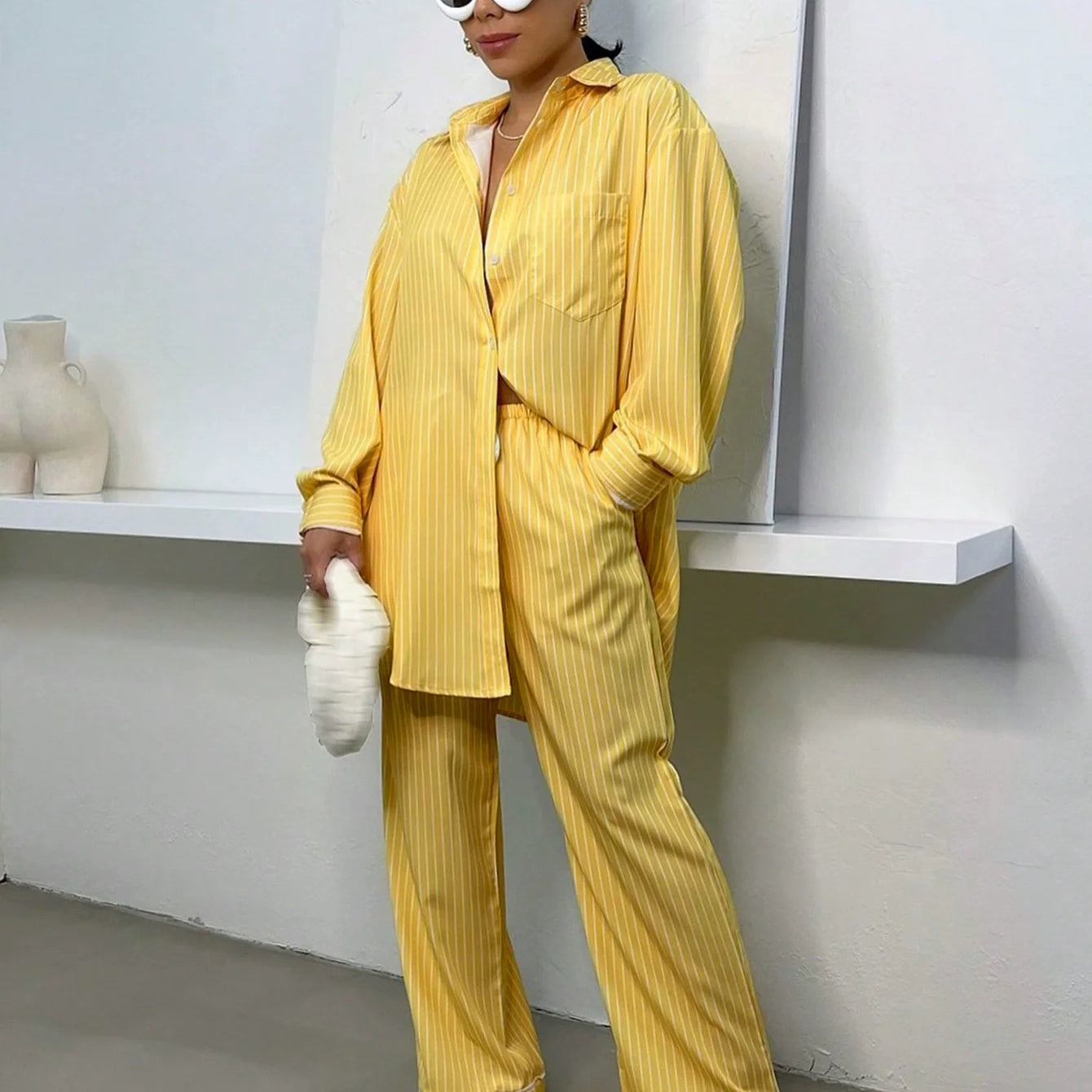 CM.YAYA Fashion Striped Women's Set Long Sleeve Blouse Shirt Top and Wide Leg Pants 2025 Chic Two 2 Piece Sets Outfits Tracksuit