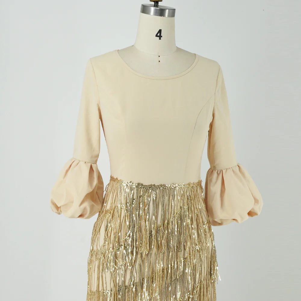 Women's Dresses Round Neck Lantern Long Sleeve Tassel Slim Gold Dress Autumn Ladies Elegant Party Evening Clothes