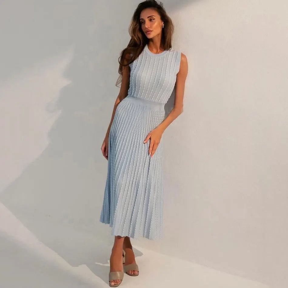 2024 New Listing Elegant Striped Knit Dress Women O-neck Sleeveless A-line Dresses Club Evening Party Midi Vestido