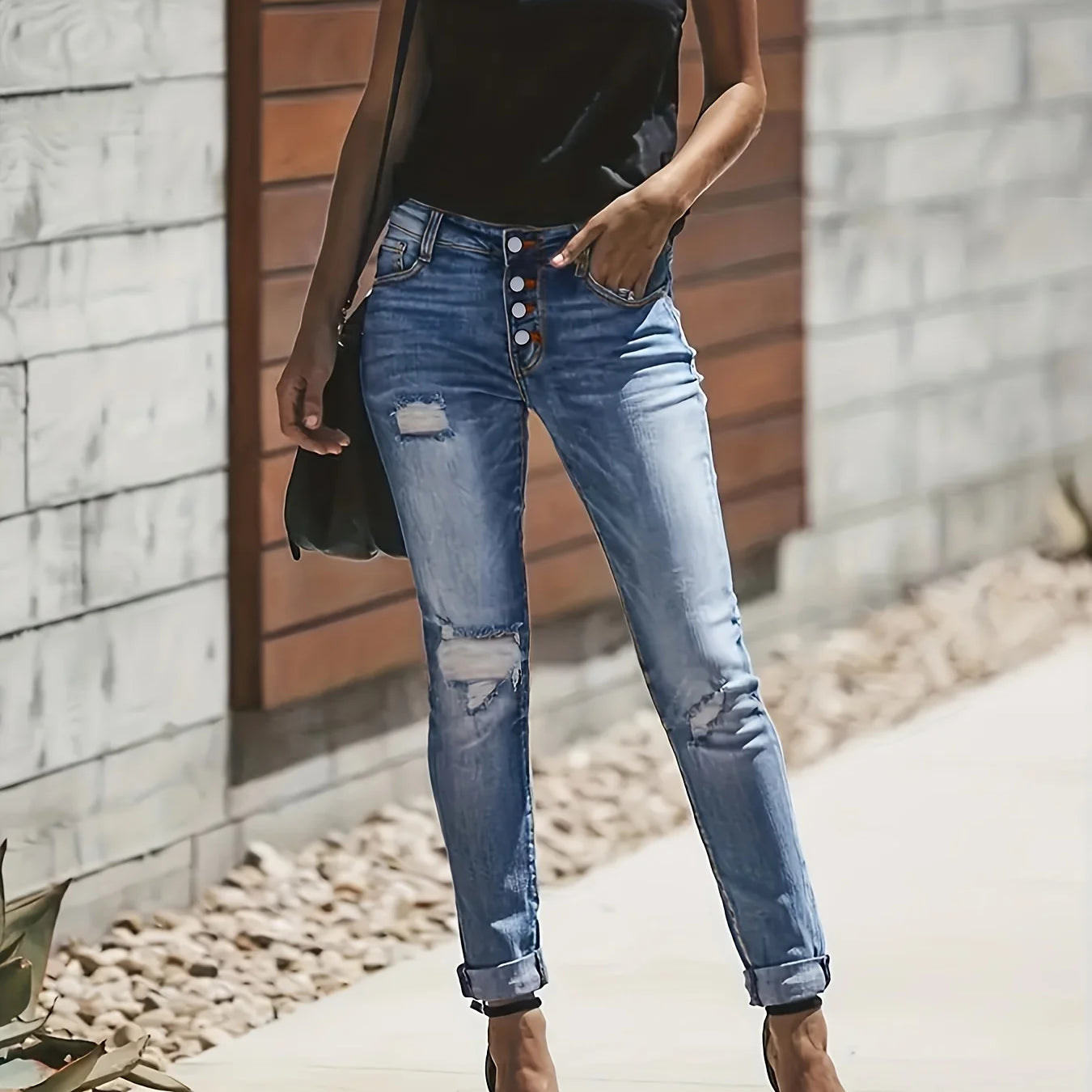 Blue Ripped Holes Denim Jeans, Slim Fit Single-Breasted Button High-Stretch Casual Denim Pants, Women's Denim Jeans