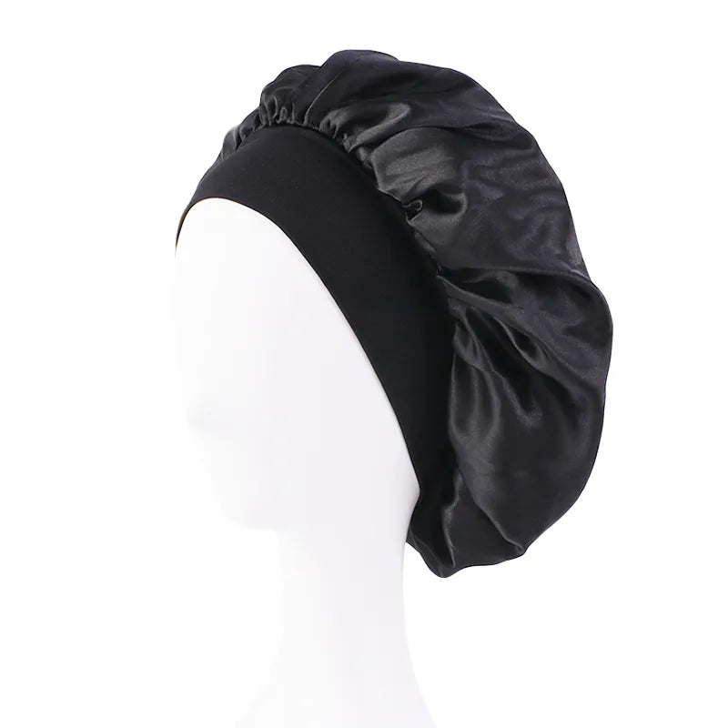Women's Satin Solid Wide-brimmed Sleeping Hat Unisex Head Wrap Elastic Band Cap Hair Care Bonnet Night Hat bonnet de nuit black