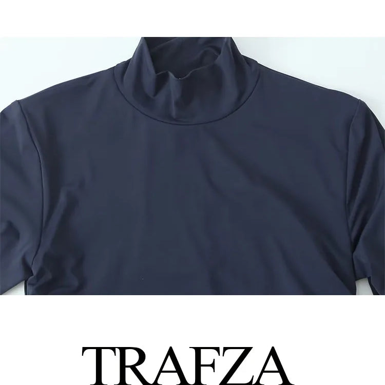 TRAFZA Female Vintage Chic Dresses Solid Color O-Neck Long Sleeve Hollow Out Waist Folds Women's Autumn Fashion Long Dresses