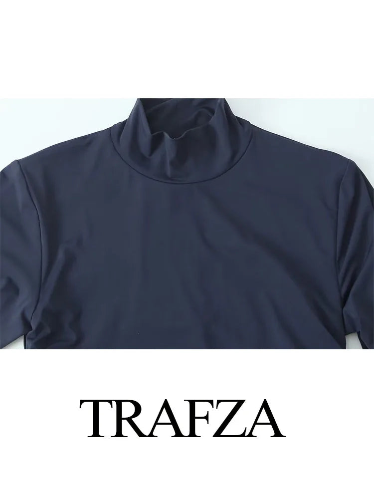 TRAFZA Female Vintage Chic Dresses Solid Color O-Neck Long Sleeve Hollow Out Waist Folds Women's Autumn Fashion Long Dresses