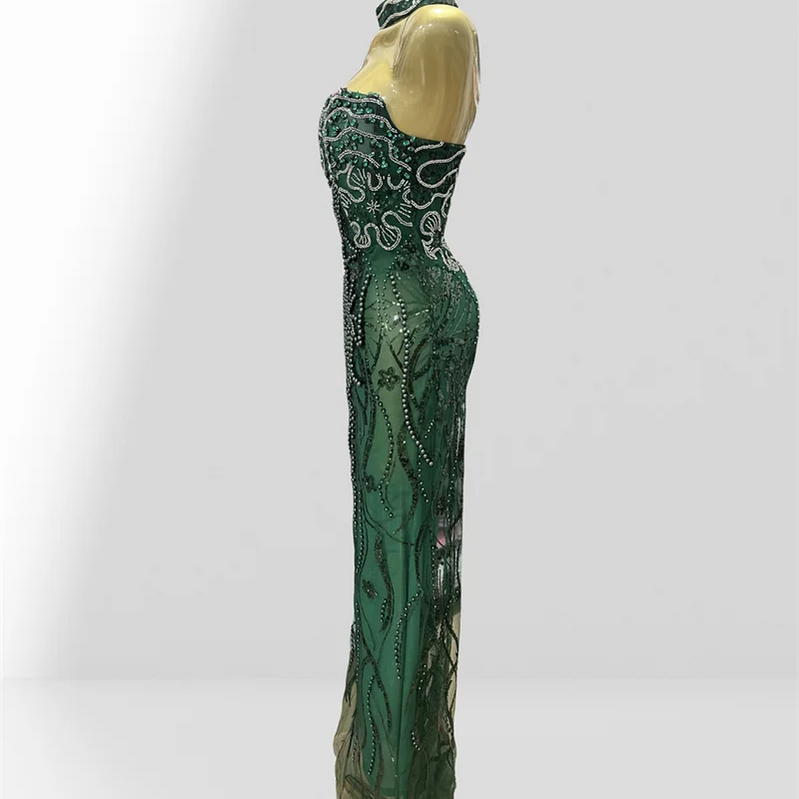 Luxury Green Women Gown Dress Celebrity Birthday Vestido Sparkling Diamond Pearl Beading Sequin Embroidery Floor Length Dress