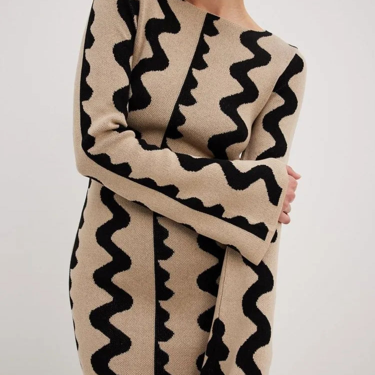 Striped Knitted O-neck Long Sleeve Midi Dresses Elegant Women Bodycon A-line Vestidos Female Fashion Casual Street Maxi Clothes