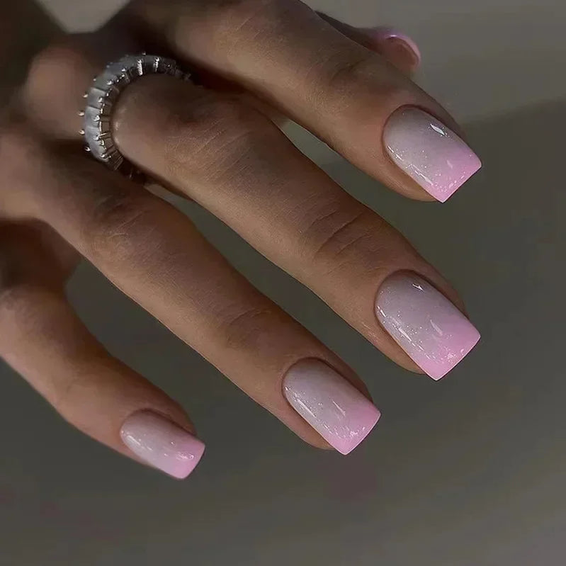 24Pcs Simple Red French Fake Nail Art Set Short Square False Nails with Glue Detachable Nail Tips Love Pattern Press on Nails