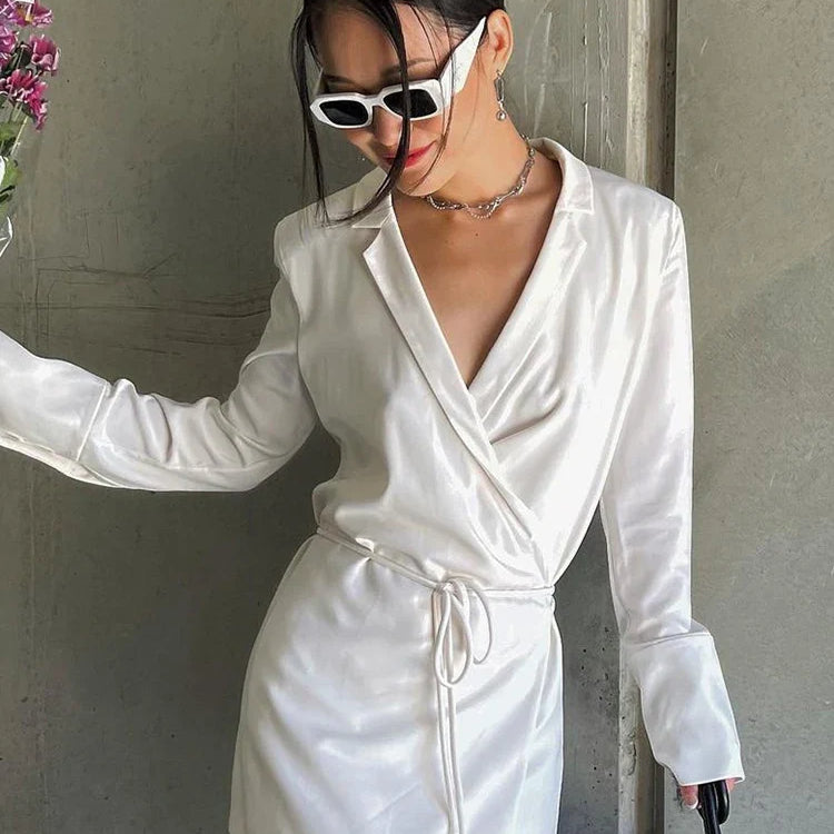 Julissa Mo Black Satin V-Neck Shirt Dress Women Spring Flare Sleeve Lace Up Mini Dresses Elegant Ladies Party Vestidos