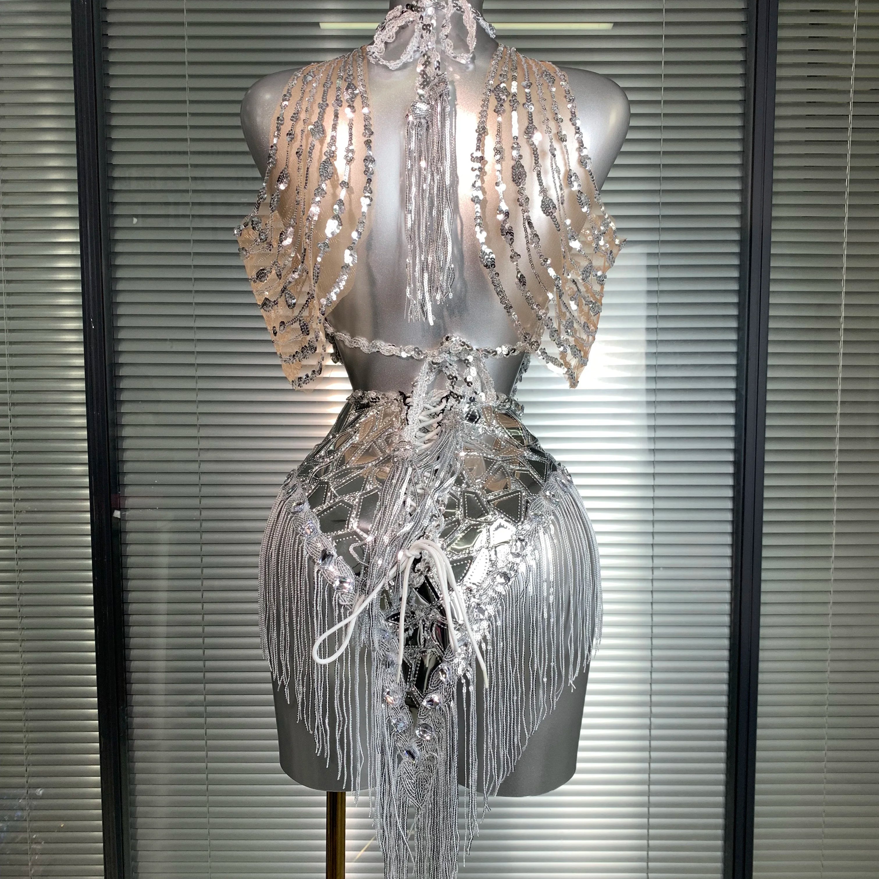 Women Sexy Y2K Silver Tassel Mini Dress Sparkly Sequins Night Club Performance Costume Stage Dancer Night Club Party Dress