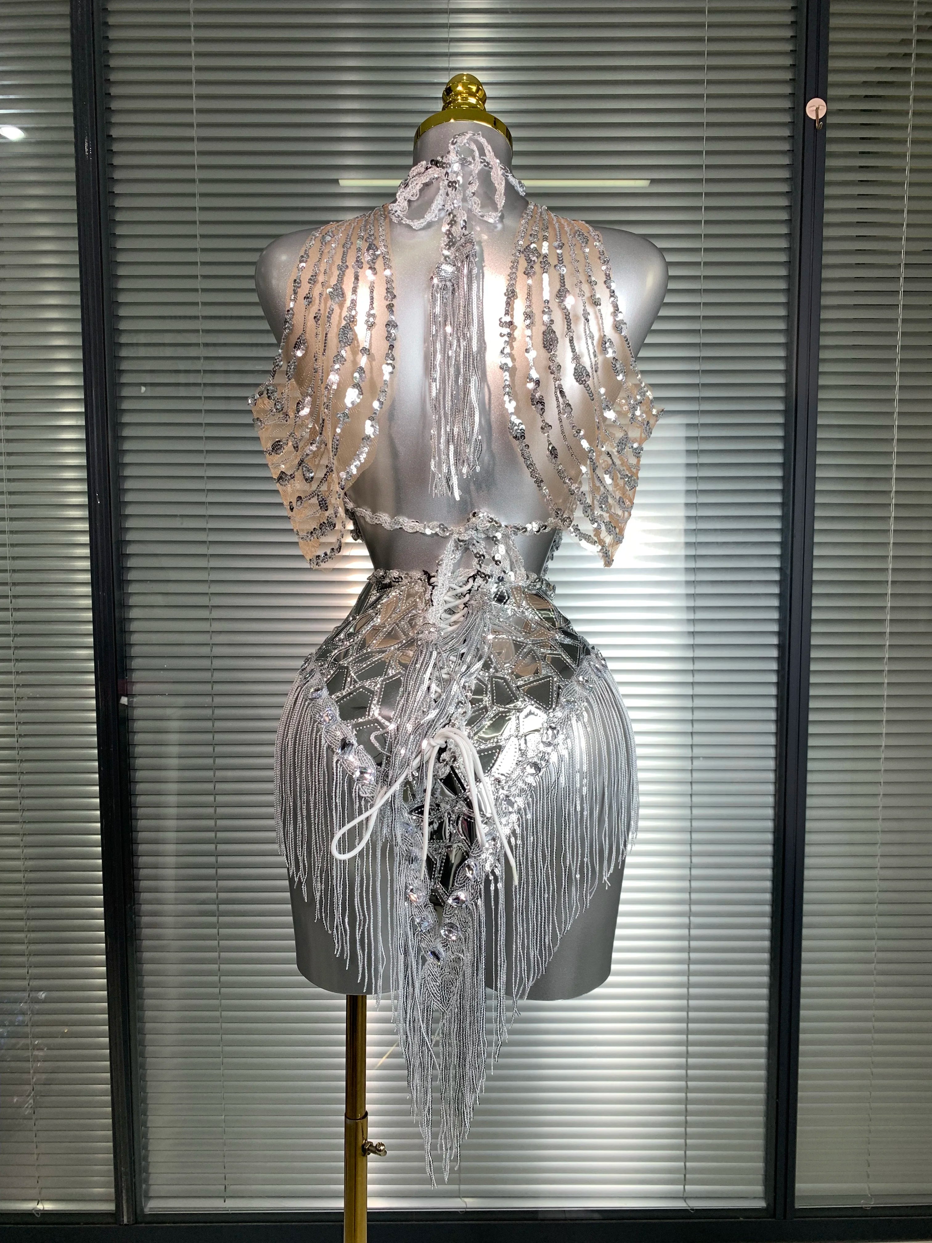 Women Sexy Y2K Silver Tassel Mini Dress Sparkly Sequins Night Club Performance Costume Stage Dancer Night Club Party Dress
