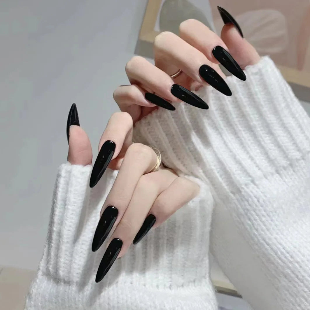 24Pcs Black French Simple Gradient Nail Art Set with Glue Mid-length Almond Fake Nails Wearable Fashion Glossy Acrylic Nail Tips