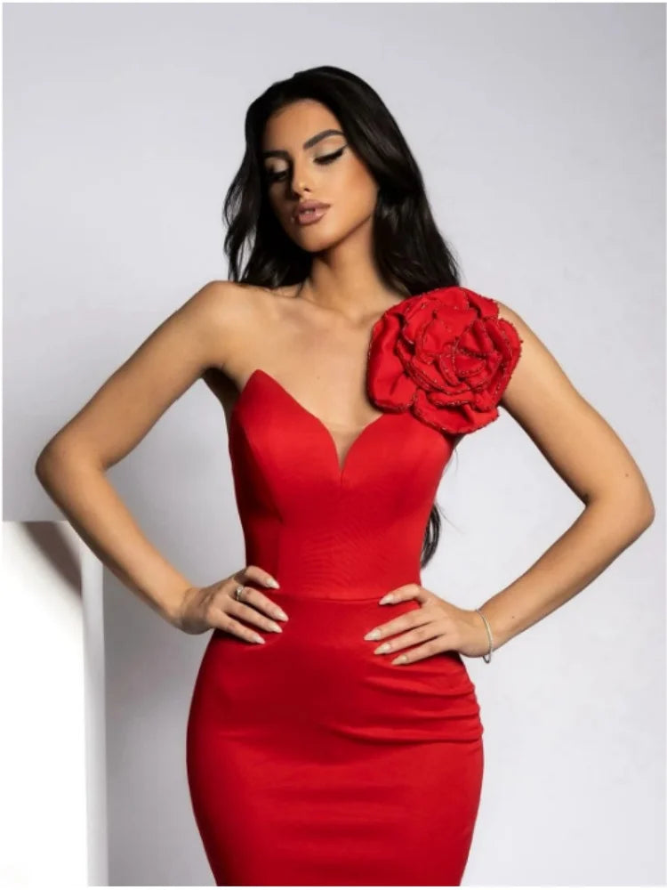 Summer Women Sexy Rhinestones Florals One Shoulder Sexy Bodycon Long Dress Birthday Fashion Cocktail Party Dress