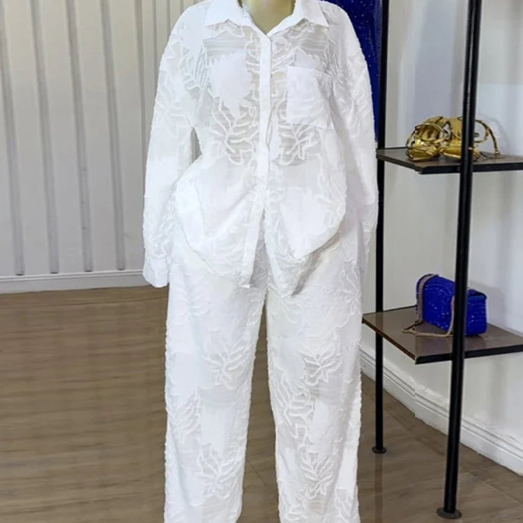 CM.YAYA Fashion Women's Set Perspective Long Sleeve Shirt and Straight Wide Leg Pants 2025 OL Two 2 Piece Set Outfit Tracksuit