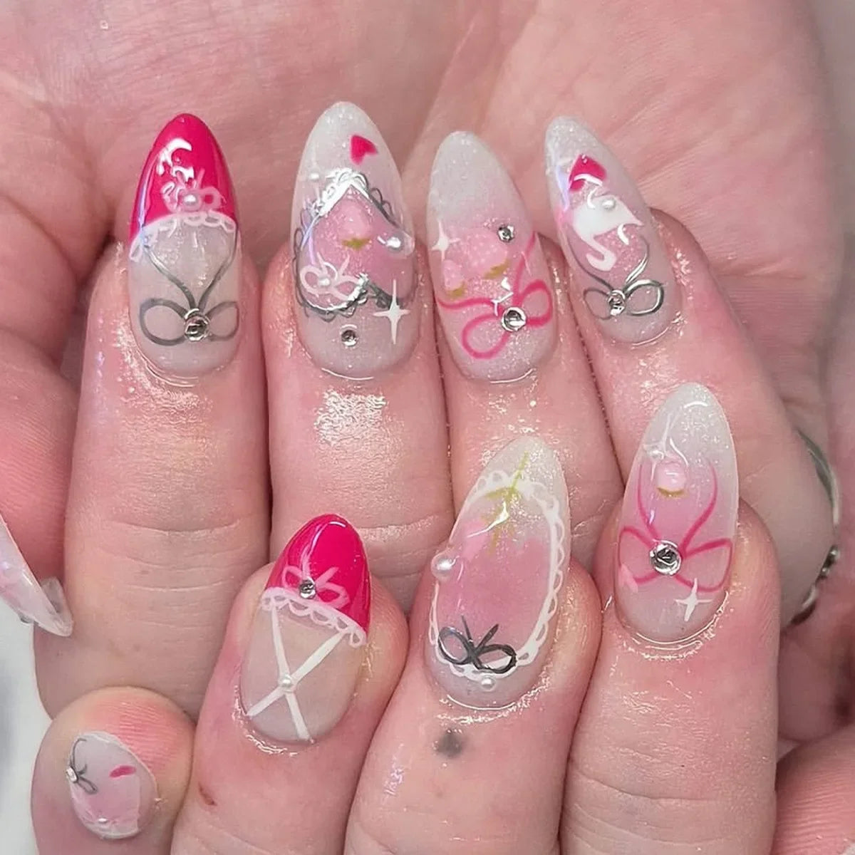 24Pcs Mid-length Almond Press on Fake Nails with Red Jellyfish Smudge Design False Nails 3D Shell Pattern Reusable Manicure Tips