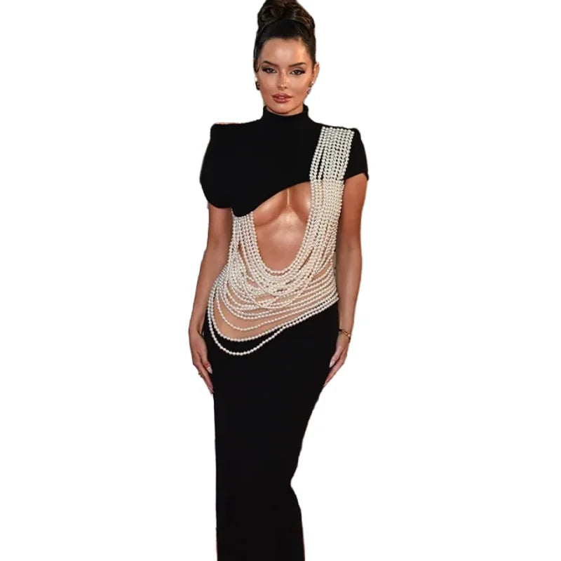 High Quality Pearl String Sexy Hollow Out Black Velvet Long Dress Elegant Woman Evening Party Dress Red Carpet Goddess Vestido