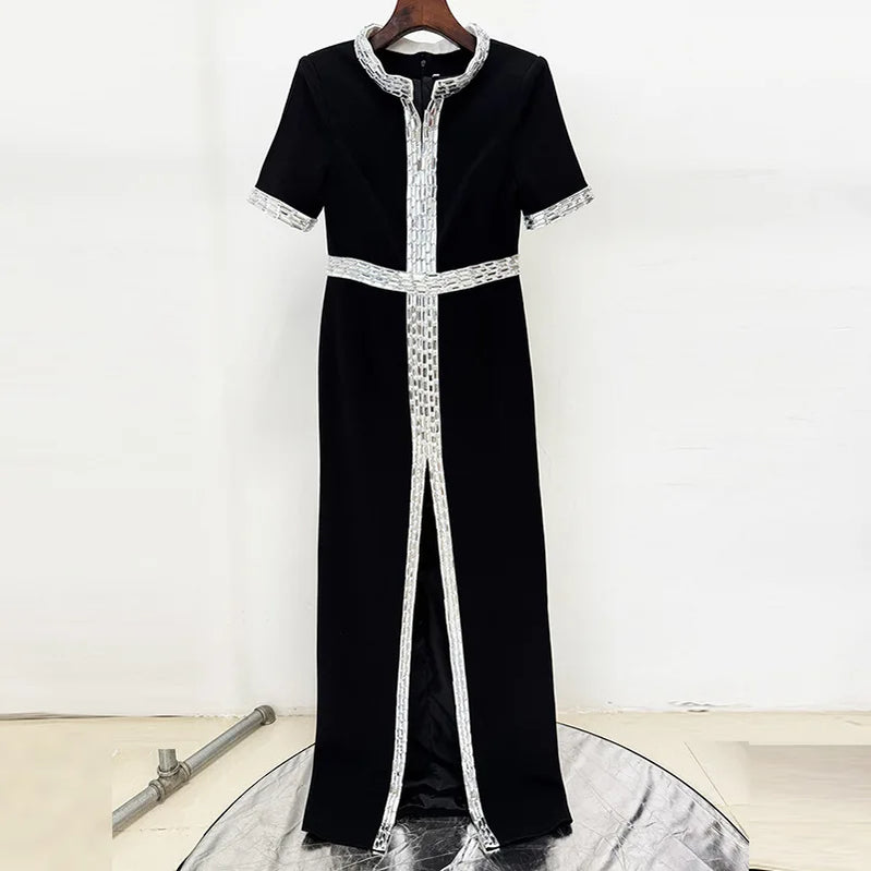 TWOTWINSTYLE Solid Spliced Bead Elegant Dresses for Women V Neck Short Sleeves High Waist Patchwork Split Long Dress Female New