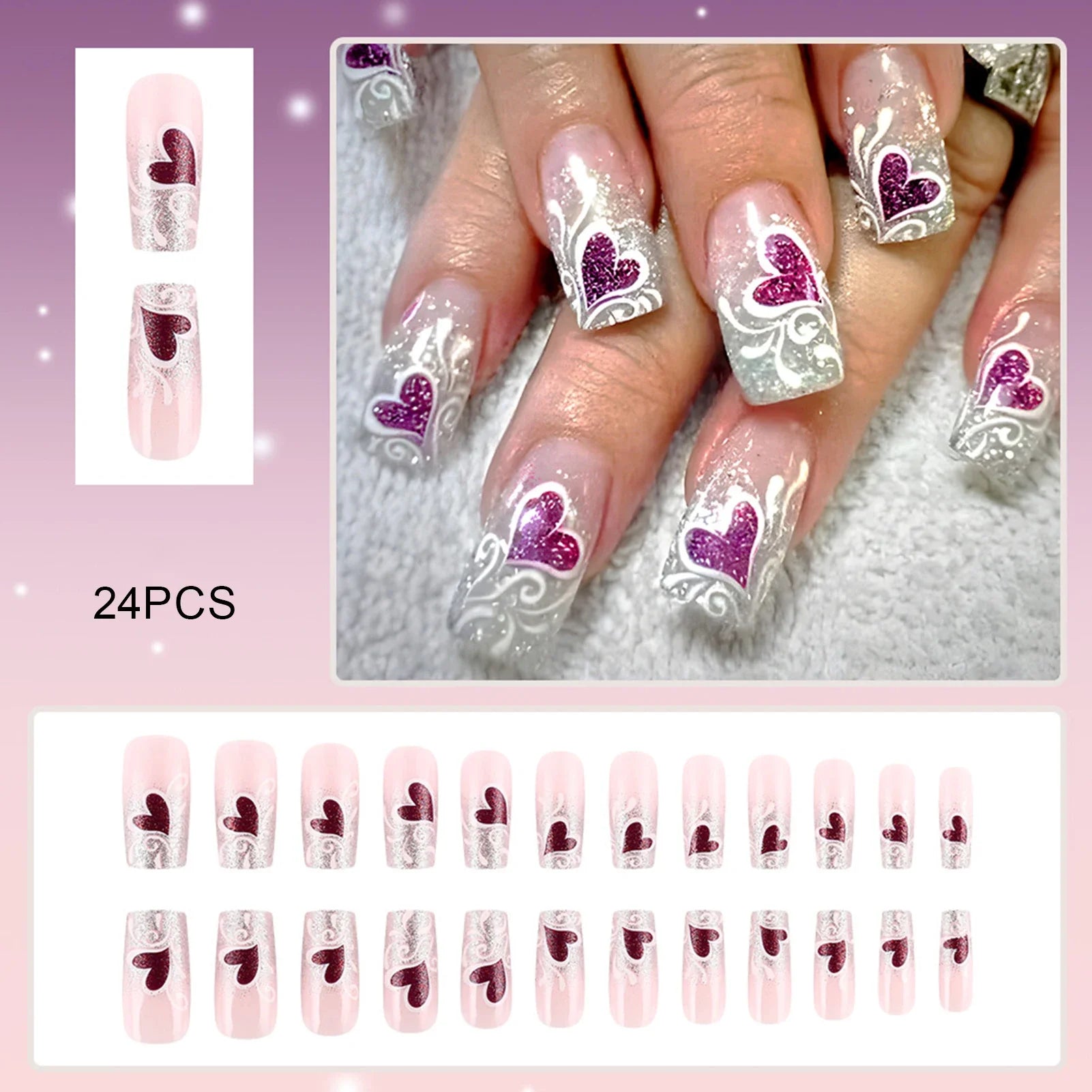 Glossy Silver Sequins French Fake Nails 24Pcs Y2K Girls Press On Nails Purple Love Heart Printed Valentine's Day Charm Manicure