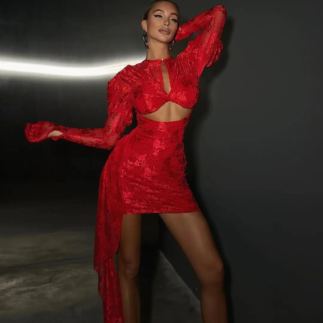 New Arrival White Red Women Long Sleeve Sexy Lace Draped Bodycon Mini Dress Gloves Nightclub Party Celebrate Birthday Dress