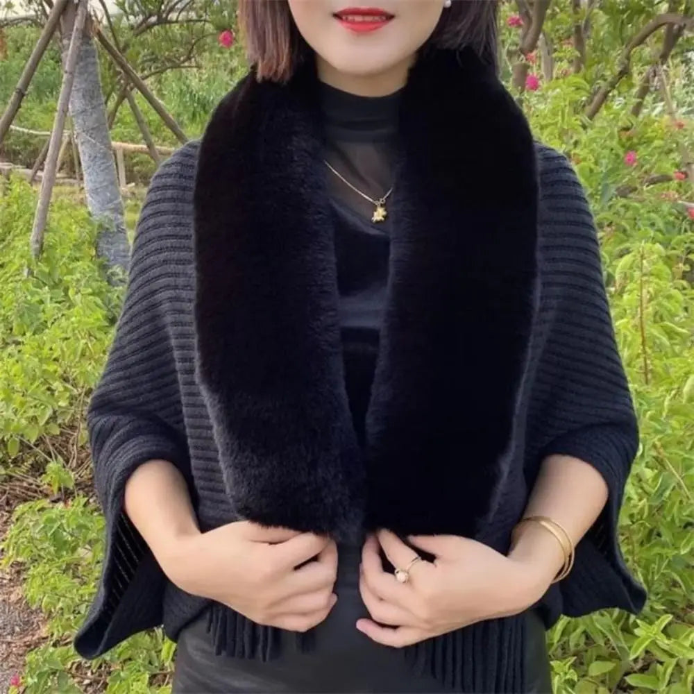 Knitting Thick Women's Loose Shawl with Faux Fur Collar for Evening Dresses Wedding Knitting Shawl Plush Wraps Cardigan Cape black