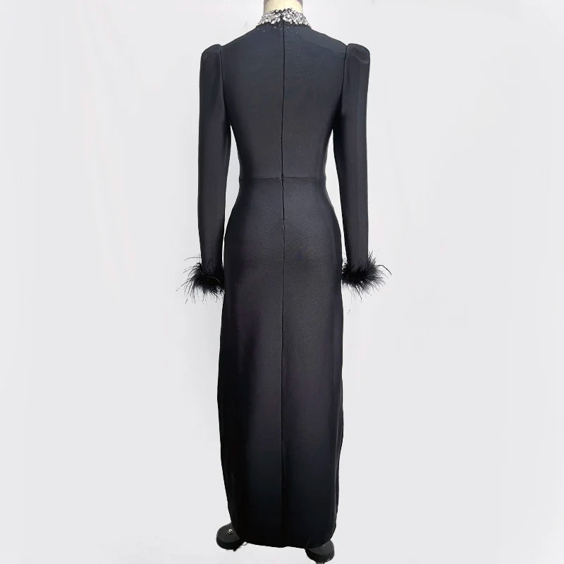 Vestido longo feminino, preto, vermelho, manga longa, sexy, brilhante, com cristais, colado, para festa à noite, baile