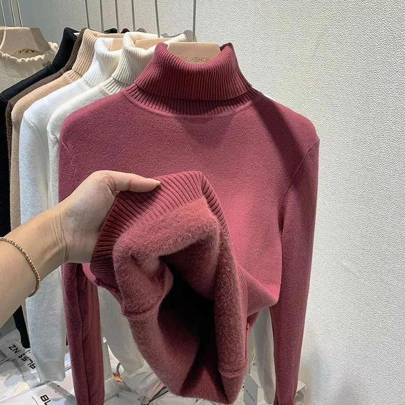 Thicken Velvet Turtleneck Sweater Women Korean Fashion Lined Warm Sueter Knitted Pullover Slim Top Winter Jersey Knitwear Jumper rose red