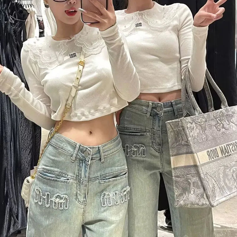 Y2K American Retro Gothic Wide Legged New Worn Out Washed Loose Slim Straight Floor Dragging Jeans