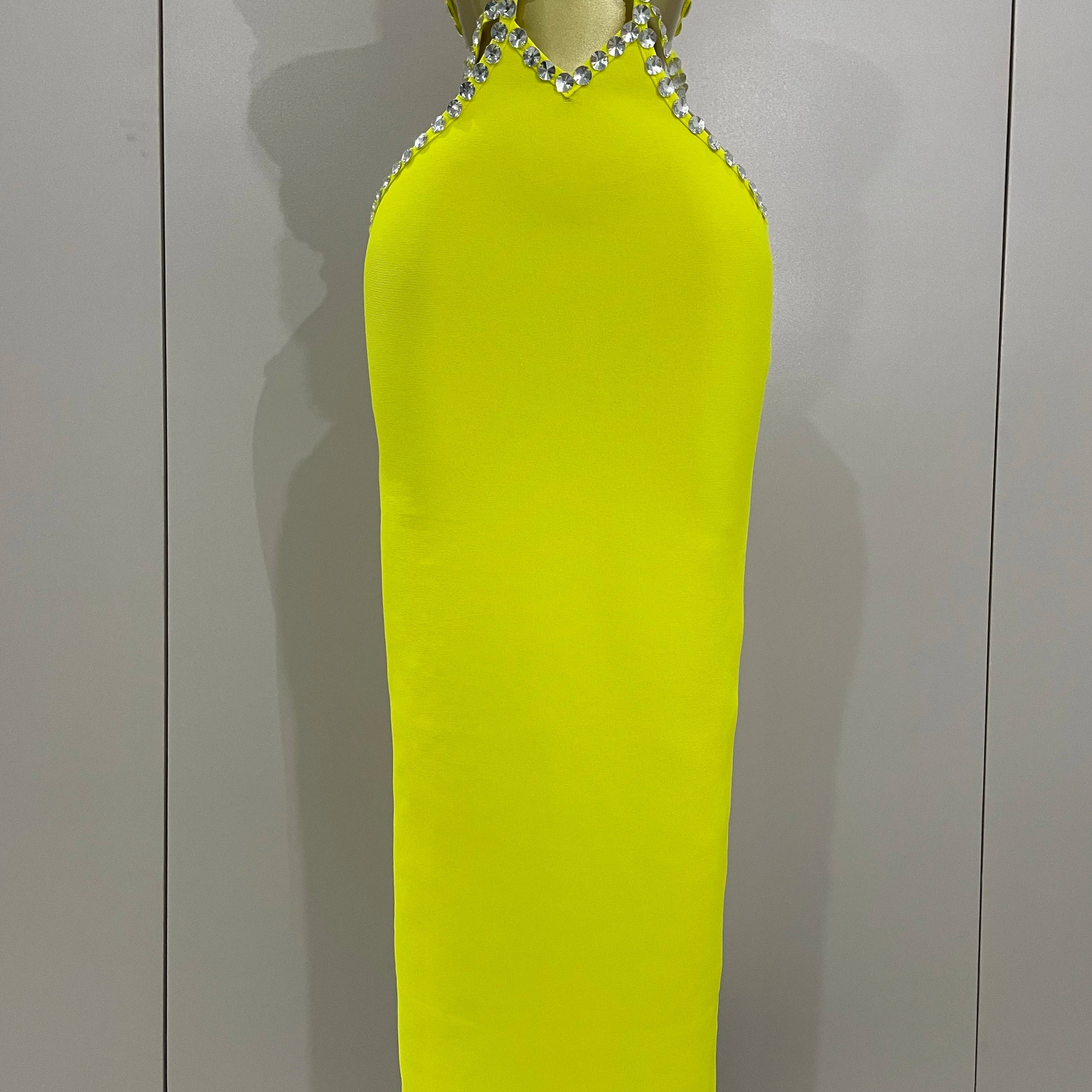 Vestido longo longo, sensual, frente única, com contas, amarelo-limão, 2025, elegante, para festa de aniversário, clube noturno