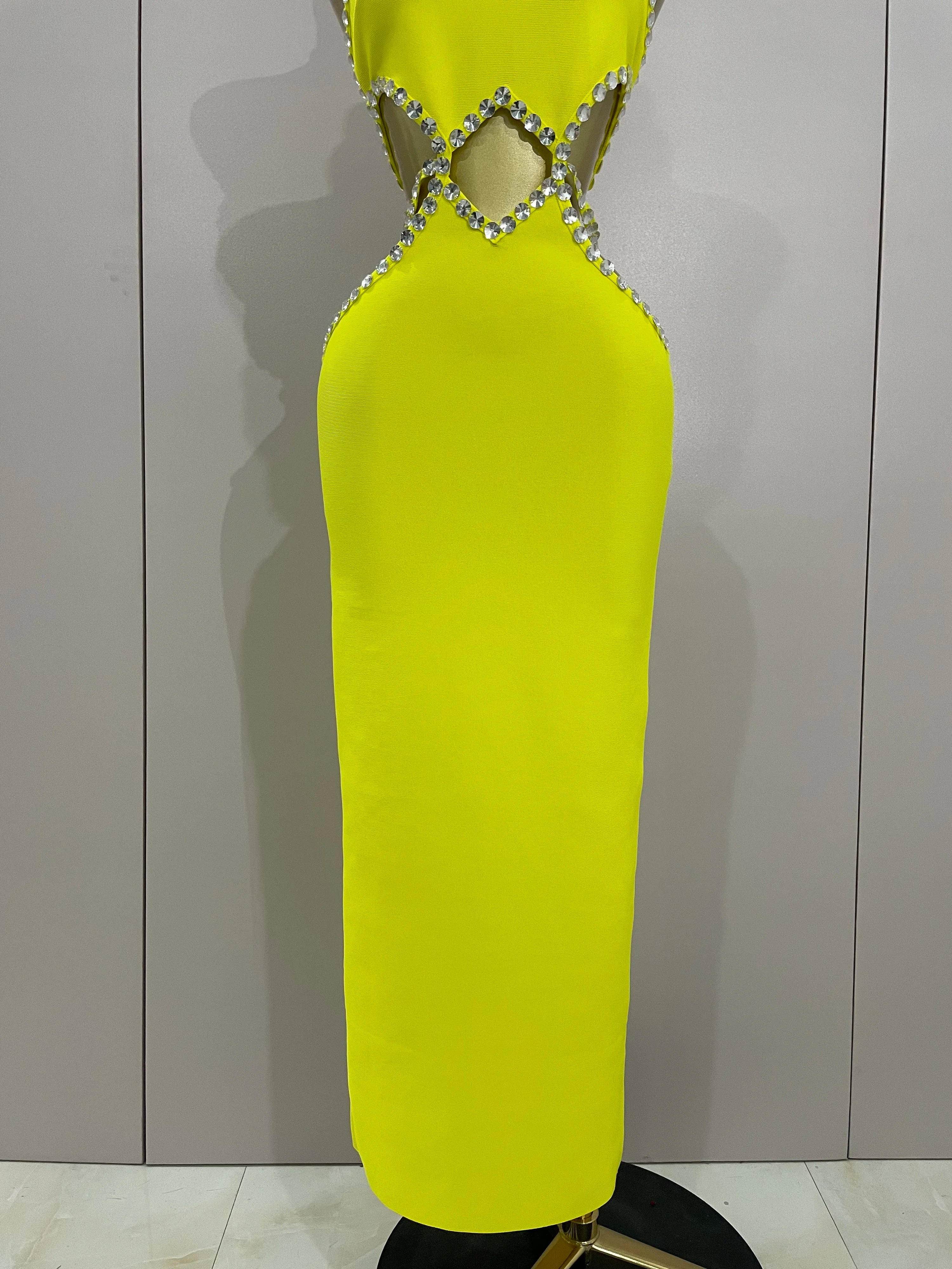 Vestido longo longo, sensual, frente única, com contas, amarelo-limão, 2025, elegante, para festa de aniversário, clube noturno