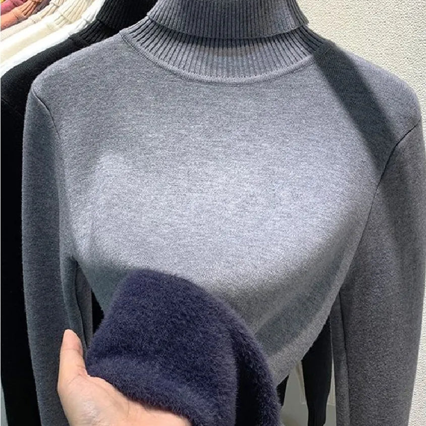 Turtleneck Winter Sweater Women Elegant Thicken Velvet Lined Warm Sueter Knitted Pullover Slim Tops Jersey Knitwear Jumper New grey green
