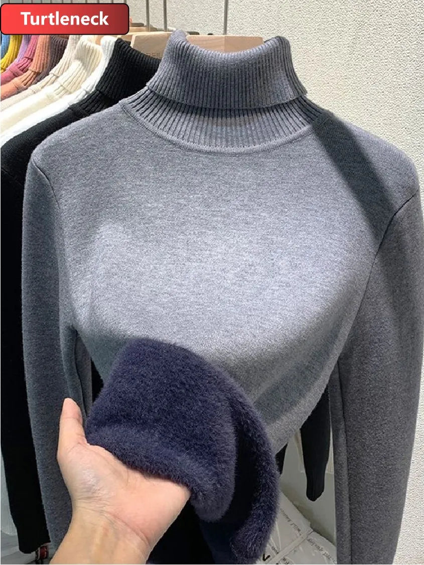 Turtleneck Winter Sweater Women Elegant Thicken Velvet Lined Warm Sueter Knitted Pullover Slim Tops Jersey Knitwear Jumper New grey green