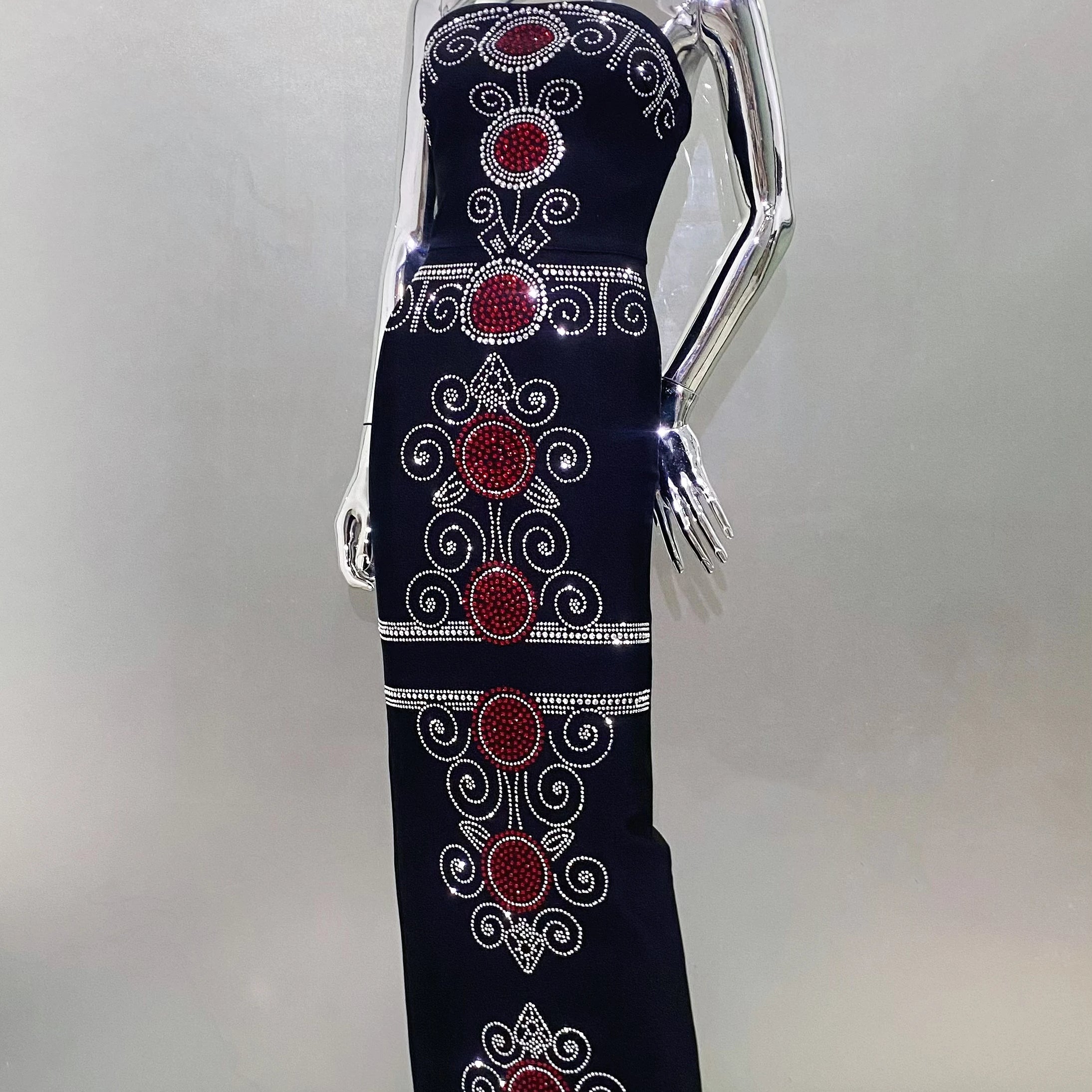 Top Women Sexy Strapless Colorful Rhinestones Bodycon Bandage Long Dress Celebrate Evening Party Birthday Outfit Vestido