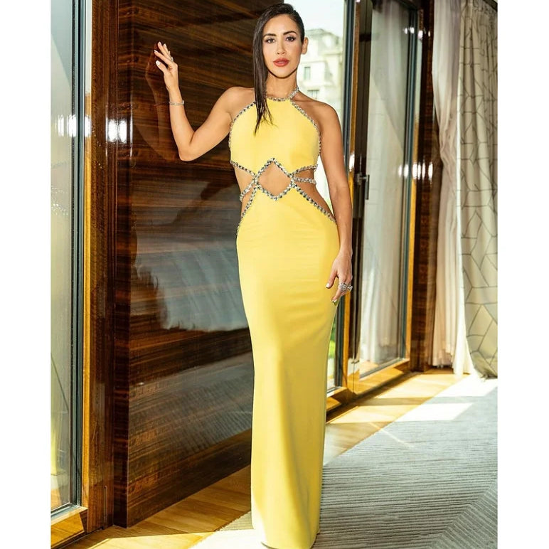 STOCK New Arrival Lemon Yellow Sexy Hollow Out Sparkling Diamonds Ankle Length Bandage Dress Elegant Woman Evening Party Outfit
