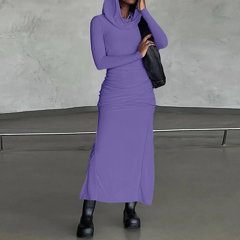 Women 2024 Autumn Winter Fashion Long Sleeve Streetwear Hooded Bodycon Long Dress Wholesale Items For Business PURPLE