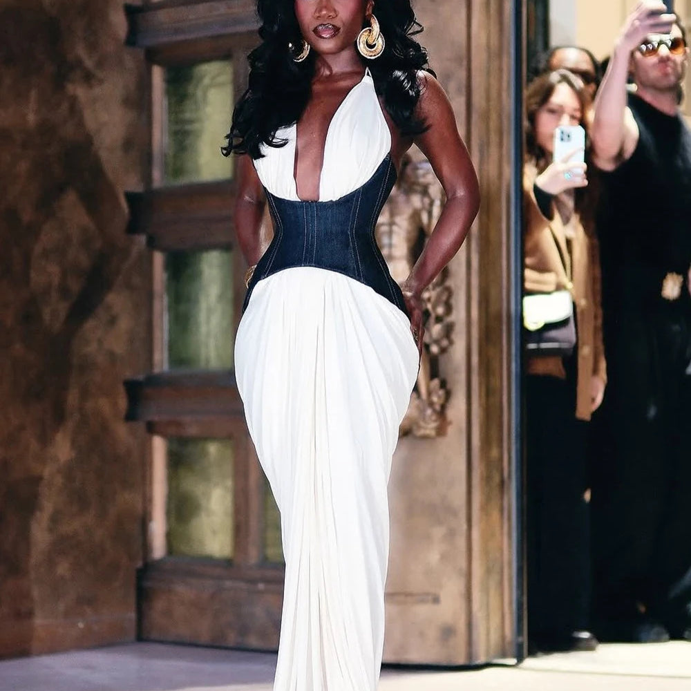 Summer Women Patchwork Drape Halter Backless Maxi Dress For Women Bodycon Sexy Party Elegant Outfits Evening Birthday Clothes