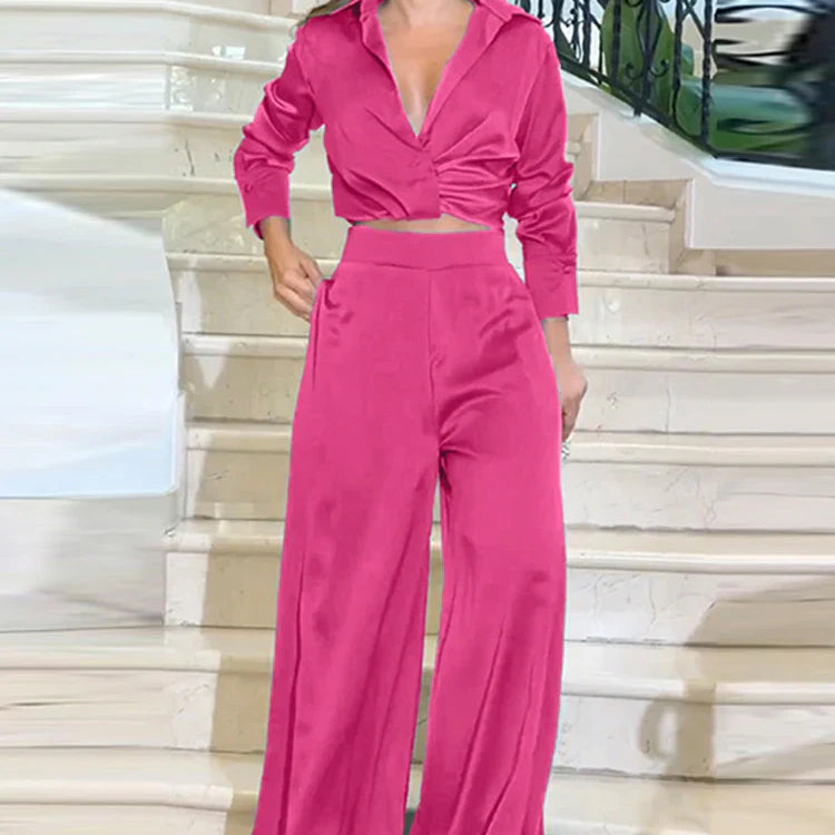 Drauuing 2 Pieces Sets Women Shirts Top And Wide Leg Pant Outfits Women Blouse Sets Women Crop Top And Pant 2 Pieces Sets