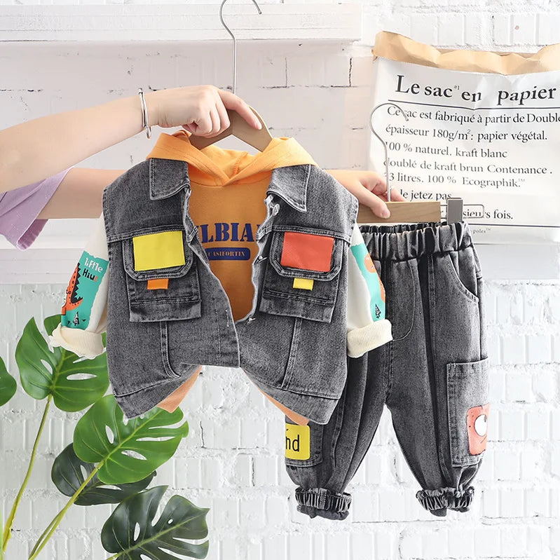 Baby Boy Cotton Clothes Spring Autumn Fashion Cowboy Trousers+Long Sleeve+Coat 3Piece Leisure Sports Stars Denim Clothes Suit AL05 Gray