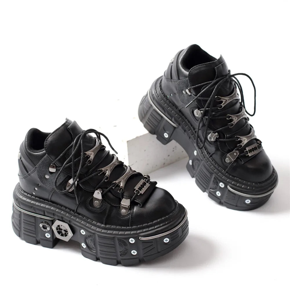 2025 Fashion Women Ankle Boots Woman's Thin Heels Round Toe Lace-Up Metal Decoration Sneakers Ladies Rivet Punk Gothic Rock Shoe
