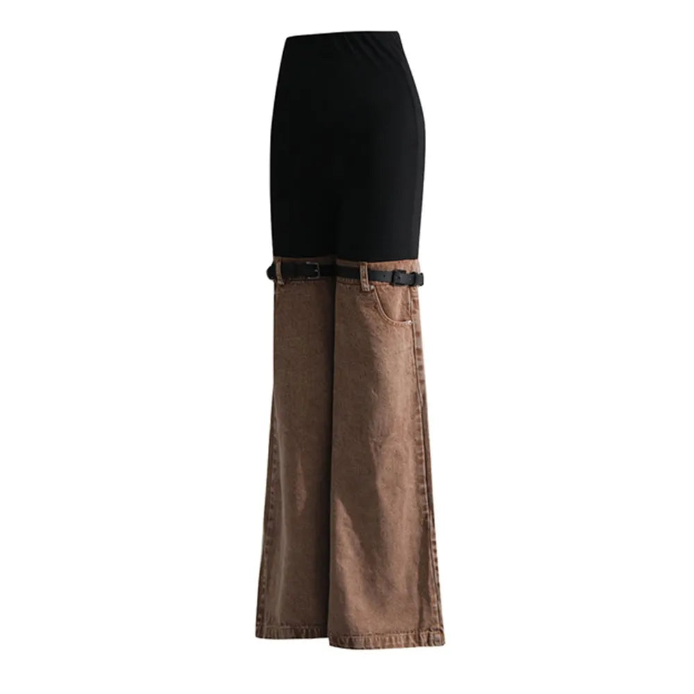 Hit Color Spliced Belt Jeans For Women High Waist Patchwork Pockets Slim Striaght Wide Leg Pant Female Fashion Style Clothes KHAKI