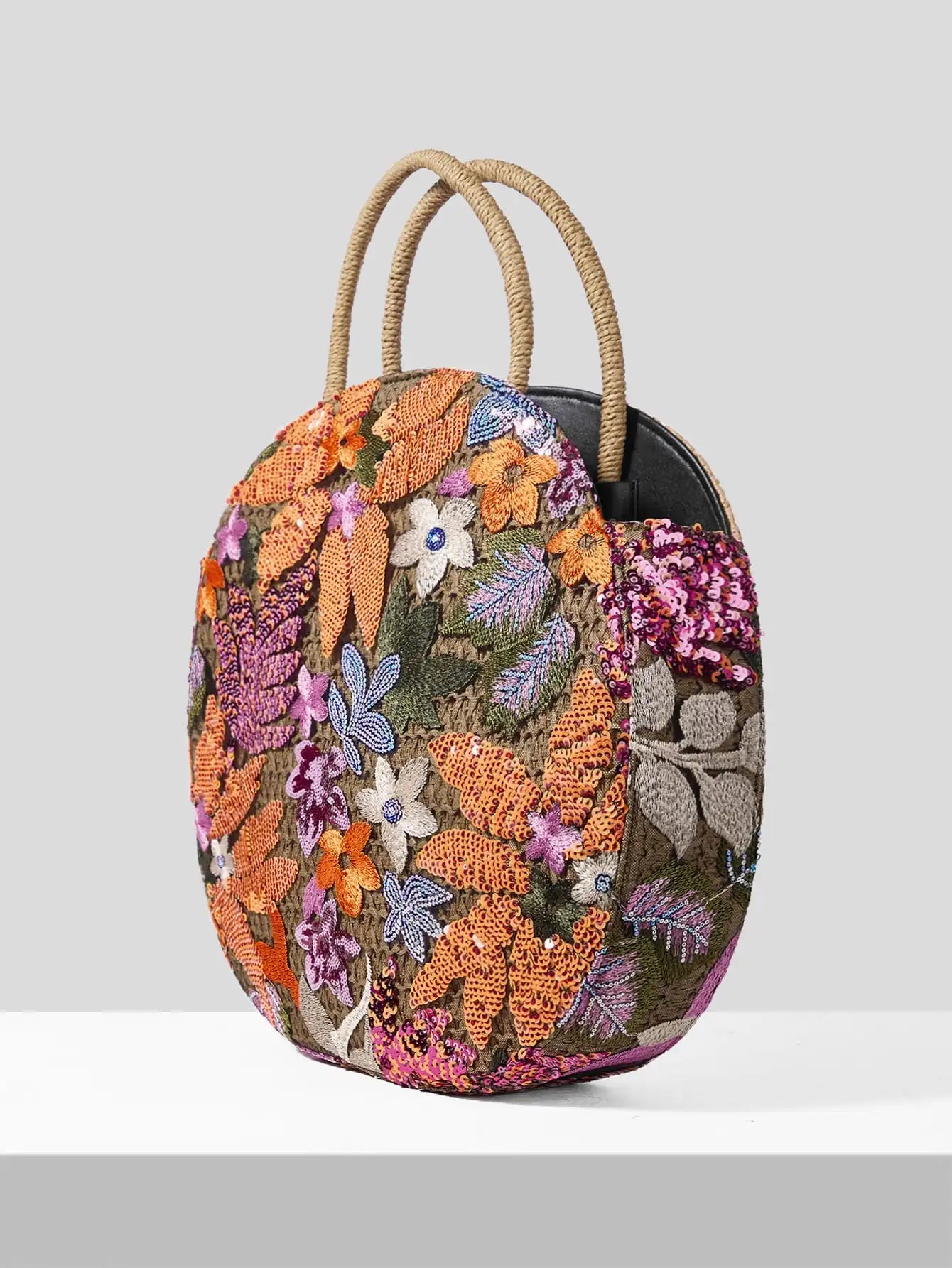 Women' Handbag Sequins Flower Round Straw Braid Large Capacity Tote Bag