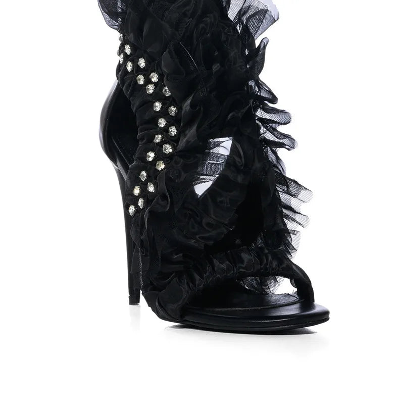 Luxury Rhinestones Lace Ruffle Women Sandals Fashion Satin Stiletto High heels Gladiator Sandals 2024 Summer Party Prom Shoes