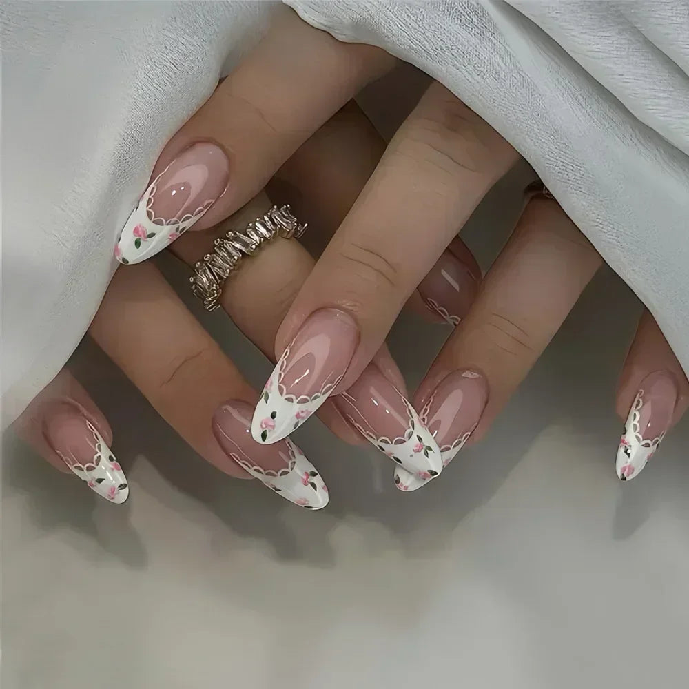24Pcs Almond False Nails Cute Strawberries with French Design Simple White Wearable Fake Nails Decoration Press on Nail Tips Art