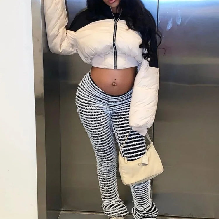 Panelled Stacked Pants Women Autumn Casual Fluffy Slight Stretch Knitted Trousers Girl Hipster Classic All-matched Bottoms