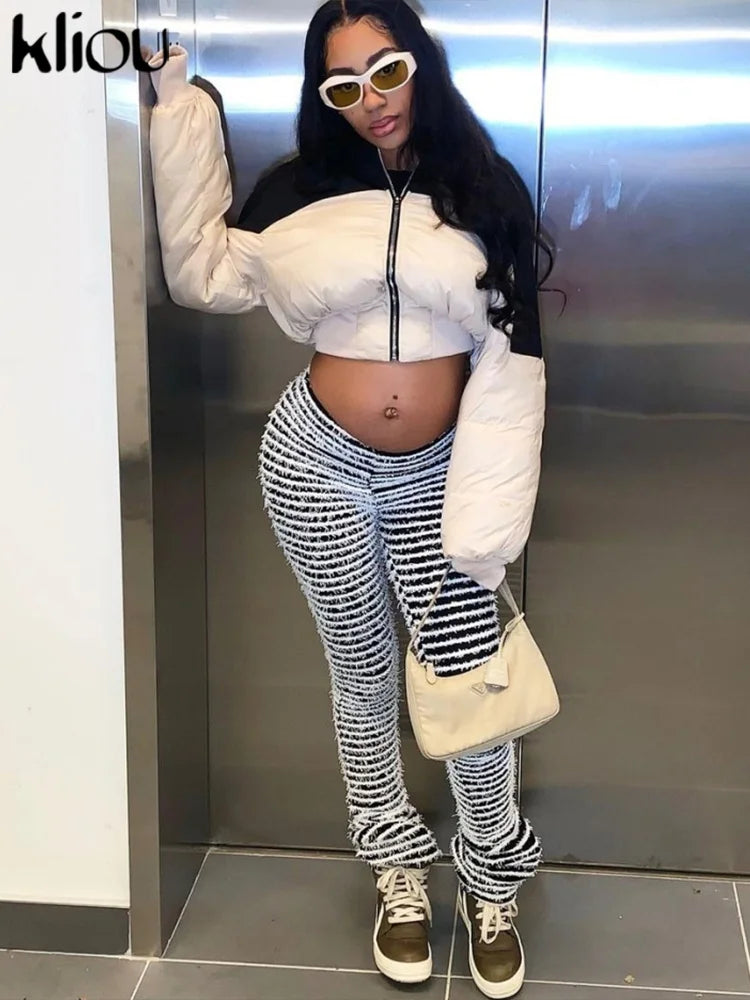 Panelled Stacked Pants Women Autumn Casual Fluffy Slight Stretch Knitted Trousers Girl Hipster Classic All-matched Bottoms