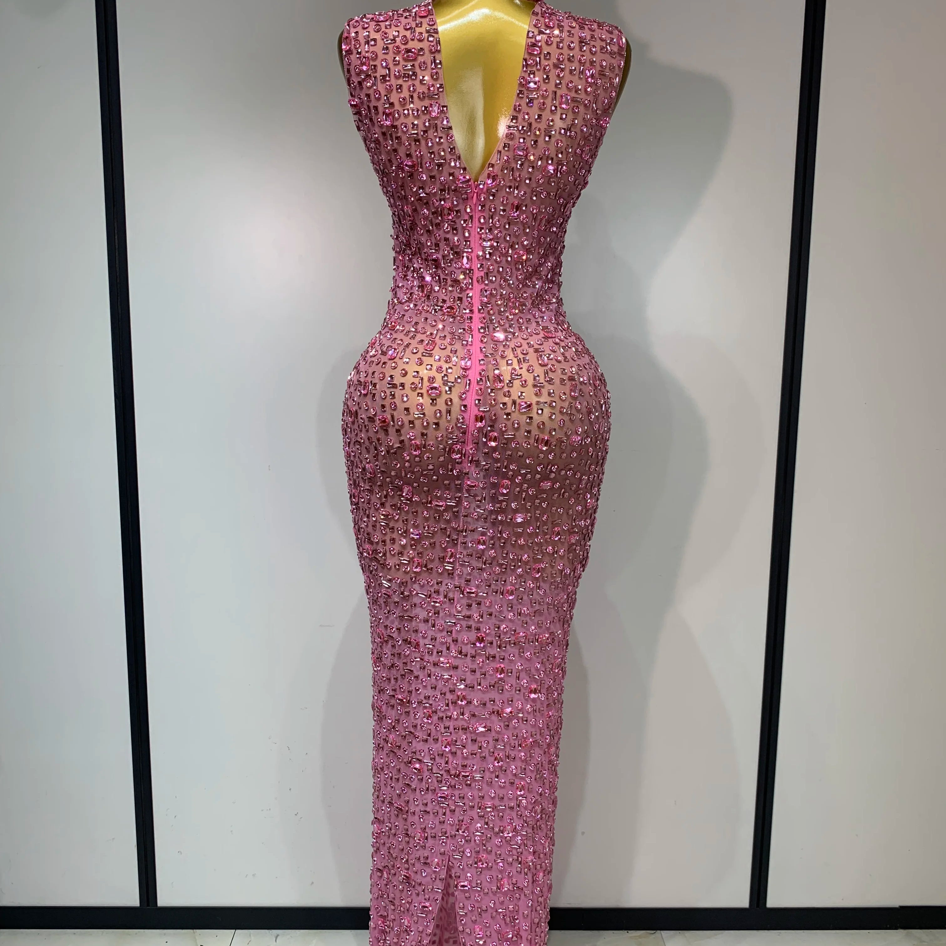 Sparkly Rhinestone Sleeveless Maxi Long Dress Sexy Mesh See Through Luxury Birthday Dress Evening Party Singer Stage Outfit