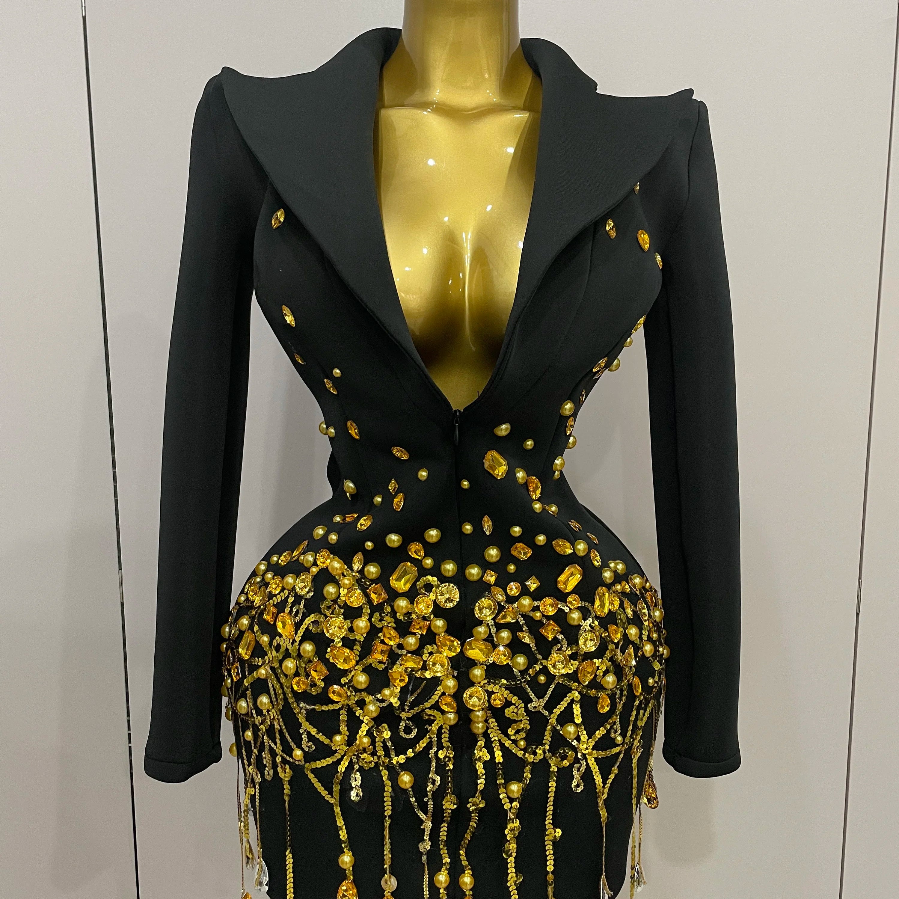 Sparkly Crystal Chains Pearls Long Sleeve Mini Dress 2025 Women Birthday Evening Party Nightclub Outfit Singer Wedding Costume