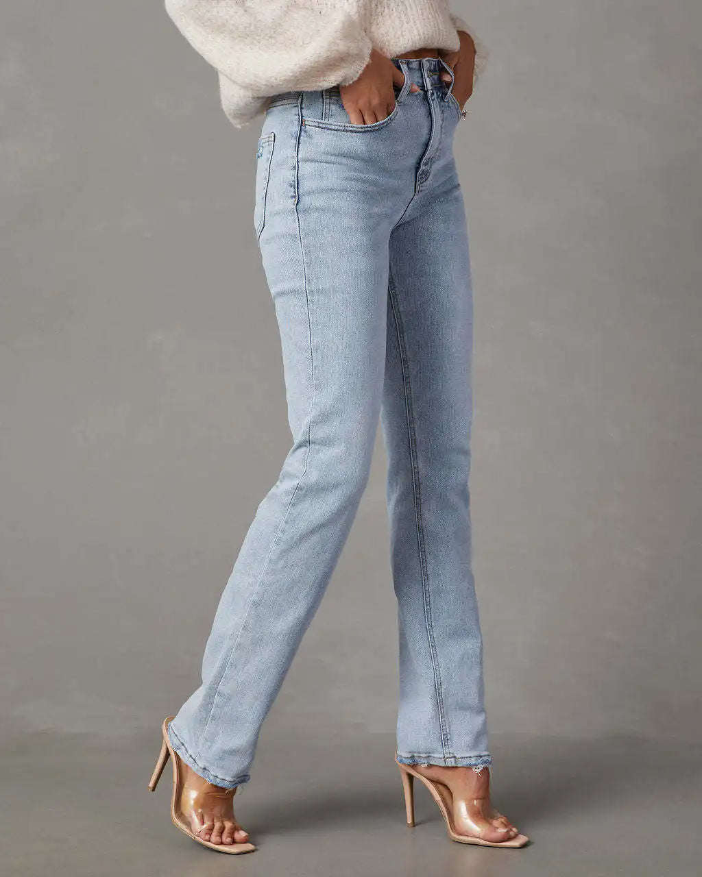 Women Blue Straight Denim Pants Female All-Match High Waist Vintage Zipper Jeans with Pockets