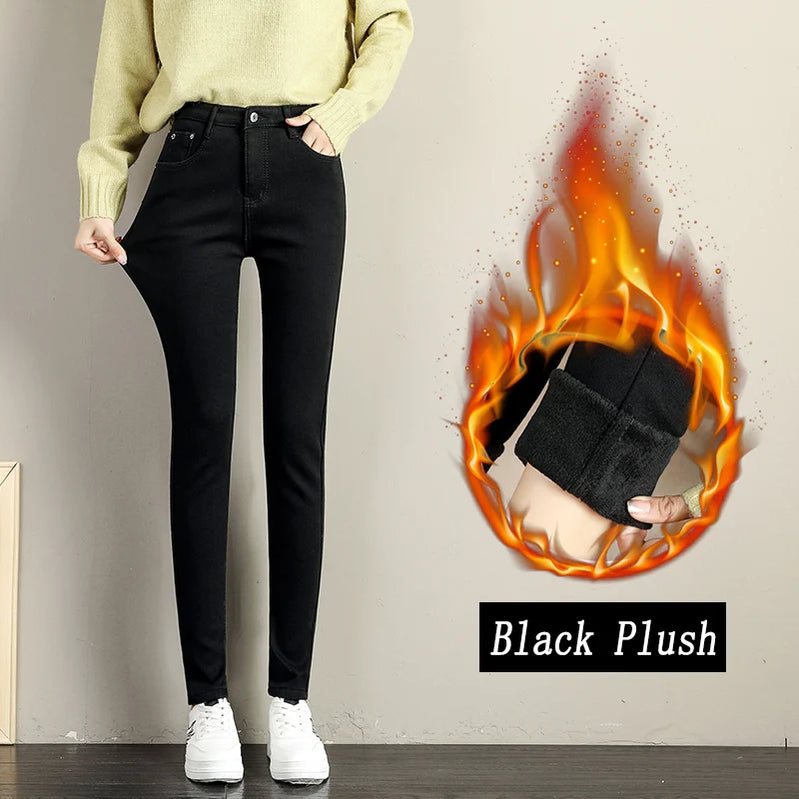 Women Stretch High Waist Skinny Warm Thick velvet Jeans Lady Mom Cotton Pants Student Winter Pencil Trousers clothes 38 40 Black fleece
